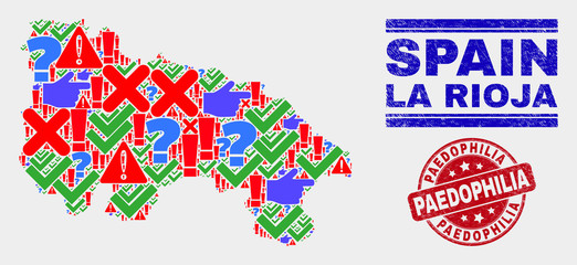 Sign Mosaic La Rioja of Spain map and seal stamps. Red round Paedophilia scratched seal. Colored La Rioja of Spain map mosaic of different scattered items. Vector abstract combination.
