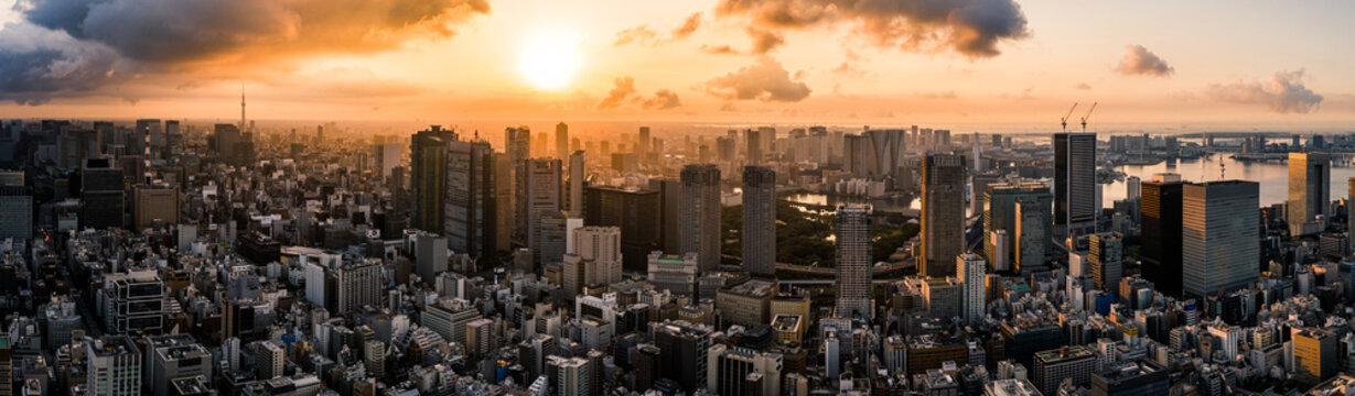 Aerial Drone Photo - Skyline Of The City Of Tokyo, Japan At Sunrise.  Asia