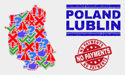 Symbol Mosaic Lublin Voivodeship map and stamps. Red round No Payments grunge watermark. Bright Lublin Voivodeship map mosaic of different scattered icons. Vector abstract combination.