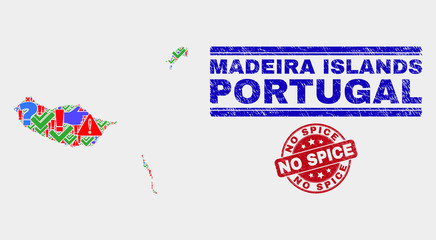 Symbolic Mosaic Madeira Islands map and stamps. Red rounded No Spice grunge stamp. Colorful Madeira Islands map mosaic of different scattered icons. Vector abstract combination.