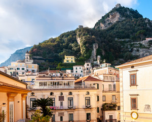 Obraz premium Amalfi, splendid village and seaside resort capital of the homonymous Amalfi Coast, behind the Gulf of Naples and close to Positano, Sorrento, Ravello and Pompei.