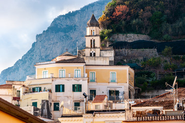 Fototapeta na wymiar Amalfi, splendid village and seaside resort capital of the homonymous Amalfi Coast, behind the Gulf of Naples and close to Positano, Sorrento, Ravello and Pompei.
