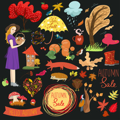 Set of autumn elements and labels. Vector graphics.