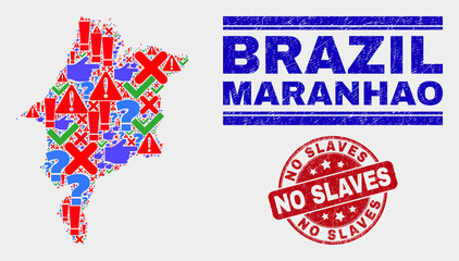 Symbolic Mosaic Maranhao State map and seal stamps. Red rounded No Slaves scratched seal stamp. Colorful Maranhao State map mosaic of different scattered symbols. Vector abstract combination.