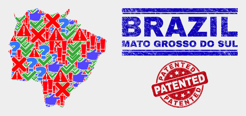 Symbolic Mosaic Mato Grosso do Sul State map and watermarks. Red round Patented scratched seal. Bright Mato Grosso do Sul State map mosaic of different scattered symbols. Vector abstract collage.