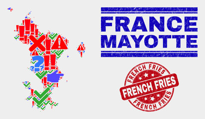 Sign Mosaic Mayotte Islands map and seal stamps. Red rounded French Fries scratched seal. Colored Mayotte Islands map mosaic of different randomized items. Vector abstract combination.