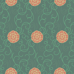 Green and orange swirl seamless repeat pattern. Featuring marigolds inspired by art-nouveau ceramics, you can enjoy this seamless pattern on packaging, wallpaper, backgrounds, or any way you like it!