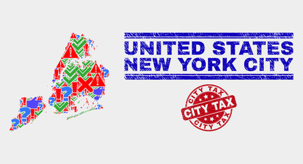 Symbolic Mosaic New York City map and seal stamps. Red rounded City Tax grunge seal. Colored New York City map mosaic of different randomized symbols. Vector abstract combination.