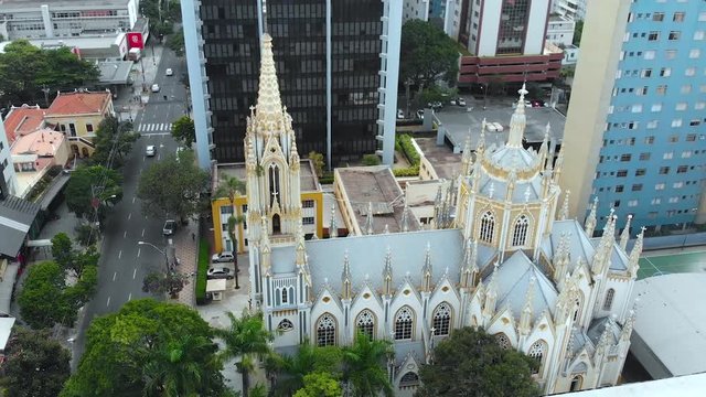 Basilica neo-gothic style, Belo Horizonte, Minas Gerais, Brazil (aerial view, drone footage)