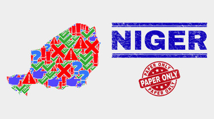 Symbol Mosaic Niger map and seal stamps. Red round Paper Only distress seal. Colored Niger map mosaic of different scattered elements. Vector abstract composition.