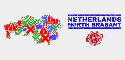 Symbolic Mosaic North Brabant Province map and seal stamps. Red round From North Pole textured seal stamp. Bright North Brabant Province map mosaic of different randomized icons.