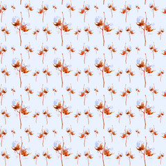 Watercolor illustration of the branches of the cotton with fluffy flowers. Isolated on blue background.Seamless pattern