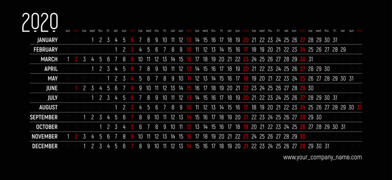 English creative calendar 2020 - linear simple design, creative horizontal grid with selected sundays. Black background and white numbers, red holidays - mondays. Editable template.