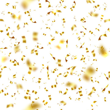 Gold shining confetti seamless pattern . Award ceremony decoration. Glossy festive serpentine particles isolated vector illustration. Happy Birthday or anniversary celebration backdrop.
