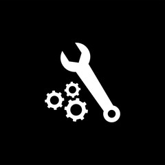 Gear And Wrench Icon On Black Background. Black Flat Style Vector Illustration.
