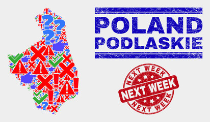 Sign Mosaic Podlaskie Voivodeship map and seal stamps. Red round Next Week grunge seal. Colorful Podlaskie Voivodeship map mosaic of different random icons. Vector abstract combination.