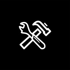 Hammer And Wrench Line Icon On Black Background. Black Flat Style Vector Illustration.