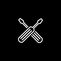 Screwdriver Crossed Line Icon On Black Background. Black Flat Style Vector Illustration.