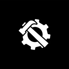 Service Tools Icon On Black Background. Gear Wheel & Hammer Black Flat Style Vector Illustration.