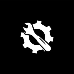 Service Tools Icon On Black Background. Gear Wheel & Hammer Black Flat Style Vector Illustration.