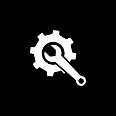 Service Tools Icon On Black Background. Gear Wheel & Hammer Black Flat Style Vector Illustration.