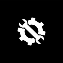 Service Tools Icon On Black Background. Gear Wheel & Hammer Black Flat Style Vector Illustration.
