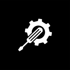 Service Tools Icon On Black Background. Gear Wheel & Hammer Black Flat Style Vector Illustration.