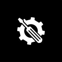 Service Tools Icon On Black Background. Gear Wheel & Hammer Black Flat Style Vector Illustration.