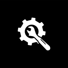 Service Tools Icon On Black Background. Gear Wheel & Hammer Black Flat Style Vector Illustration.