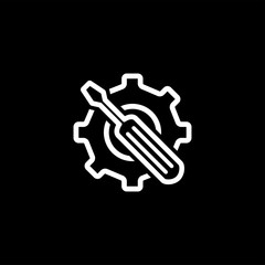 Service Tools Line Icon On Black Background. Gear Wheel & Hammer Black Flat Style Illustration.
