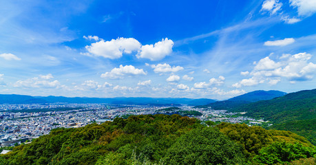 [日本の観光イメージ] 夏の青空の下，京都市街を東山から一望するシーン