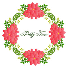 Template for party time greeting card, with pattern green leafy flower frame background. Vector