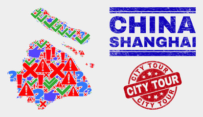 Symbolic Mosaic Shanghai City map and seal stamps. Red rounded City Tour textured seal stamp. Bright Shanghai City map mosaic of different random symbols. Vector abstract combination.