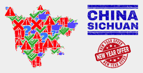 Symbolic Mosaic Sichuan Province map and seal stamps. Red rounded New Year Offer scratched watermark. Bright Sichuan Province map mosaic of different scattered items. Vector abstract composition.