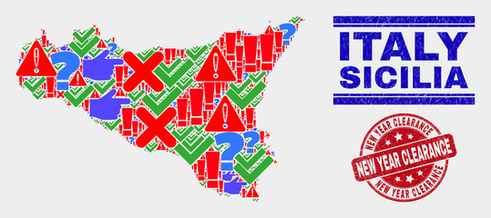 Symbol Mosaic Sicilia map and seal stamps. Red rounded New Year Clearance grunge seal. Colorful Sicilia map mosaic of different randomized elements. Vector abstract composition.