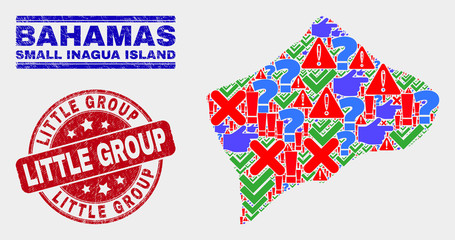 Sign Mosaic Small Inagua Island map and seal stamps. Red round Little Group scratched seal. Colored Small Inagua Island map mosaic of different scattered icons. Vector abstract combination.