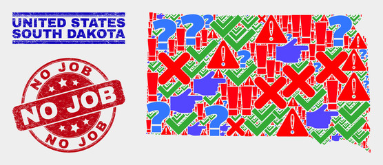 Sign Mosaic South Dakota State map and seal stamps. Red round No Job scratched seal. Colored South Dakota State map mosaic of different scattered elements. Vector abstract combination.