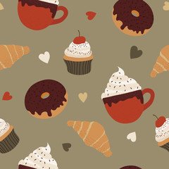 Cozy coffee and dessert seamless pattern - 284966382