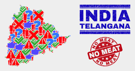Symbol Mosaic Telangana State map and seal stamps. Red round No Meat grunge seal. Colorful Telangana State map mosaic of different randomized symbols. Vector abstract composition.