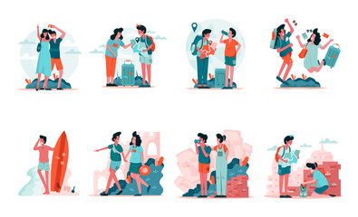 Fototapeta premium Travelling Couple and Backpackers Illustration Concept. Modern design concept of web page design for website and mobile website.Vector illustration EPS 10