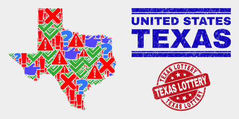 Symbol Mosaic Texas State map and seal stamps. Red round Texas Lottery scratched seal. Colored Texas State map mosaic of different randomized items. Vector abstract collage.