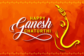 Happy Ganesh Chaturthi. Indian Festival of lord Ganapati Banner, Logo design, Sticker, Concept, Greeting Card, Template, Icon, Poster, Unit, Label, Web, Mnemonic on Orange paint brush stoke Background