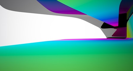 Abstract smooth architectural white interior with color gradient and black of a minimalist house with large windows. 3D illustration and rendering.