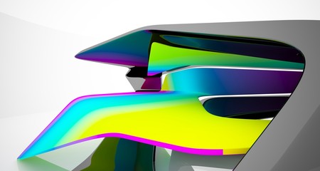 Abstract smooth architectural white interior with color gradient and black of a minimalist house with large windows. 3D illustration and rendering.