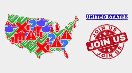 Sign Mosaic United States map and seals. Red rounded Join Us scratched seal. Colored United States map mosaic of different random elements. Vector abstract collage.