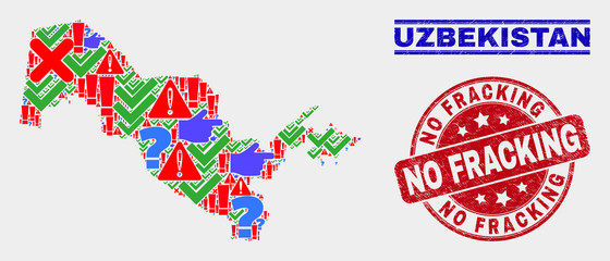 Sign Mosaic Uzbekistan map and seal stamps. Red rounded No Fracking scratched seal stamp. Colorful Uzbekistan map mosaic of different scattered items. Vector abstract composition.