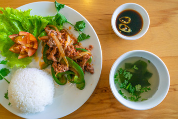 Delicious Asian meal with stir fried beef and white rice
