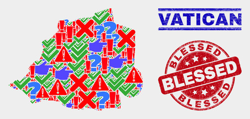 Sign Mosaic Vatican map and seal stamps. Red rounded Blessed distress seal stamp. Bright Vatican map mosaic of different scattered icons. Vector abstract composition.