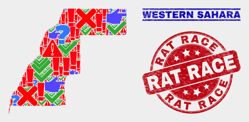 Symbol Mosaic Western Sahara map and seal stamps. Red rounded Rat Race textured seal. Colorful Western Sahara map mosaic of different scattered items. Vector abstract combination.