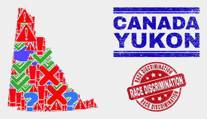 Symbolic Mosaic Yukon Province map and seal stamps. Red rounded Race Discrimination grunge seal stamp. Colored Yukon Province map mosaic of different random elements. Vector abstract collage.